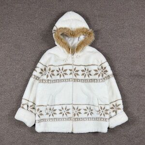 Vintage Faux Fur Nordic Snowflake Hooded Zip Jacket Women’s XL Winter Eskimo Ski